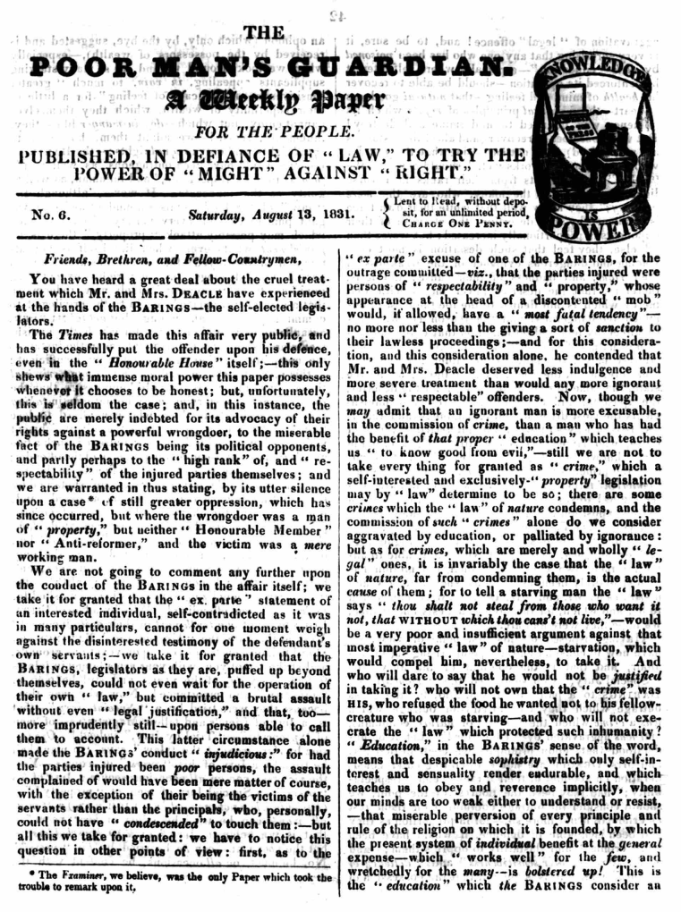Front page of The Poor Man's Guardian dated 13 August 1831, bearing the motto Knowledge is Power